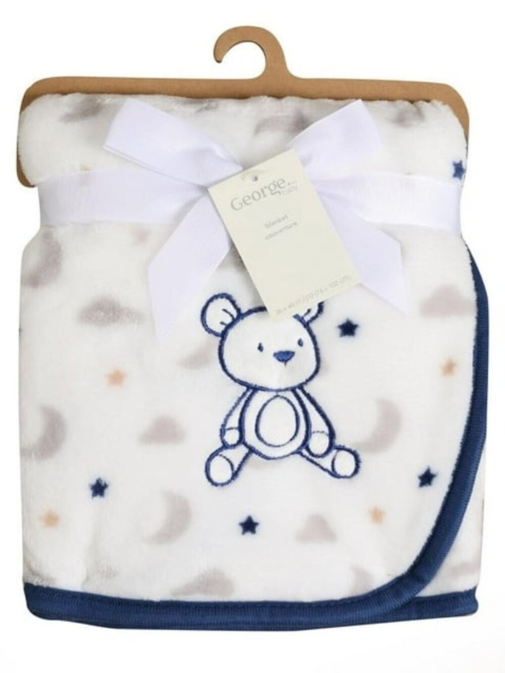 George Baby Teddy Bear Security Blanket With Applique Moon Clouds Stars Blue NWT